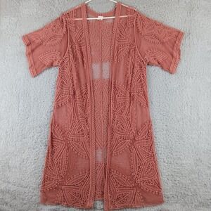 Floral Lace Duster Cardigan Dusty Rose Pink Open Front Kimono L XL TT221252